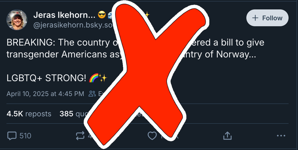 A skeet from Bluesky with misleading information on it. it has a large red X over it.