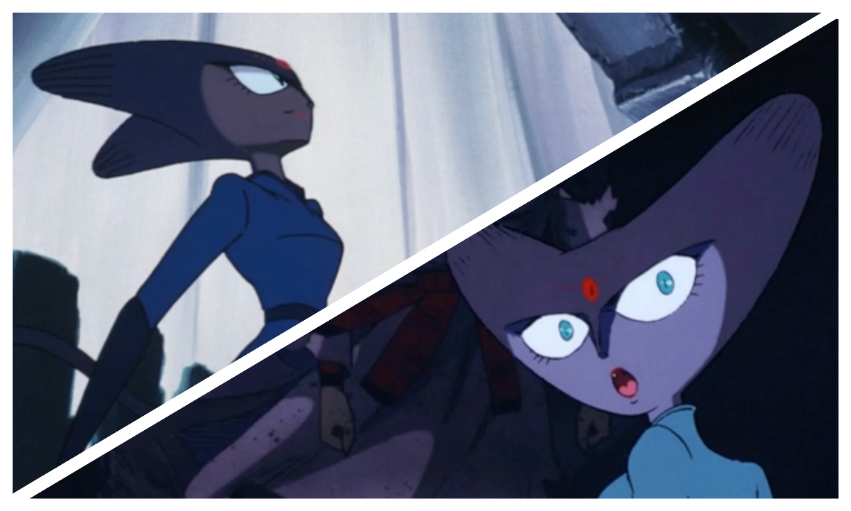 A collage with two pictures of the most glorious pointy headed evil cat lady to ever grace anime cinema.