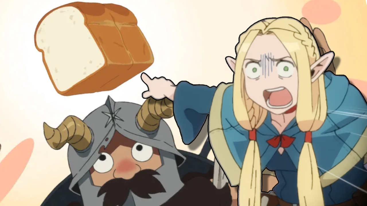 Marcille pointing at Senshi from Delicious in Dungeon with a loaf of bread above his head.