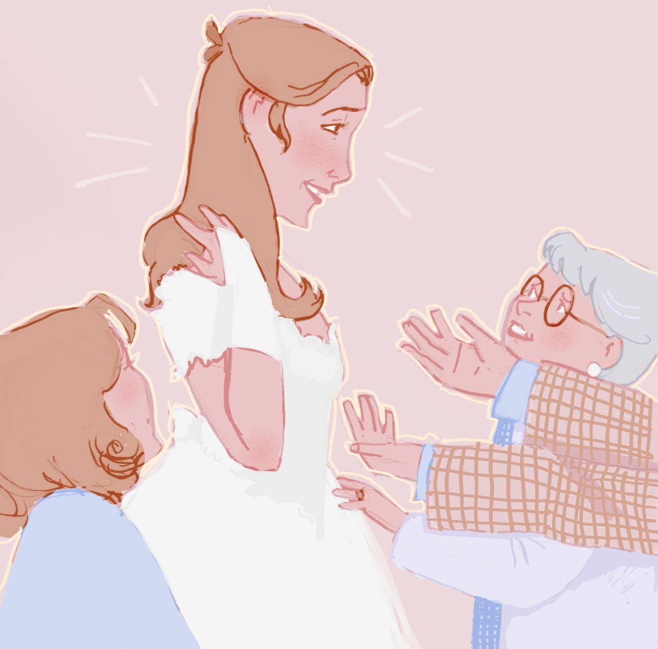 A drawing based on the scene from In & Out where the bride is trying on her wedding dress at the shop.